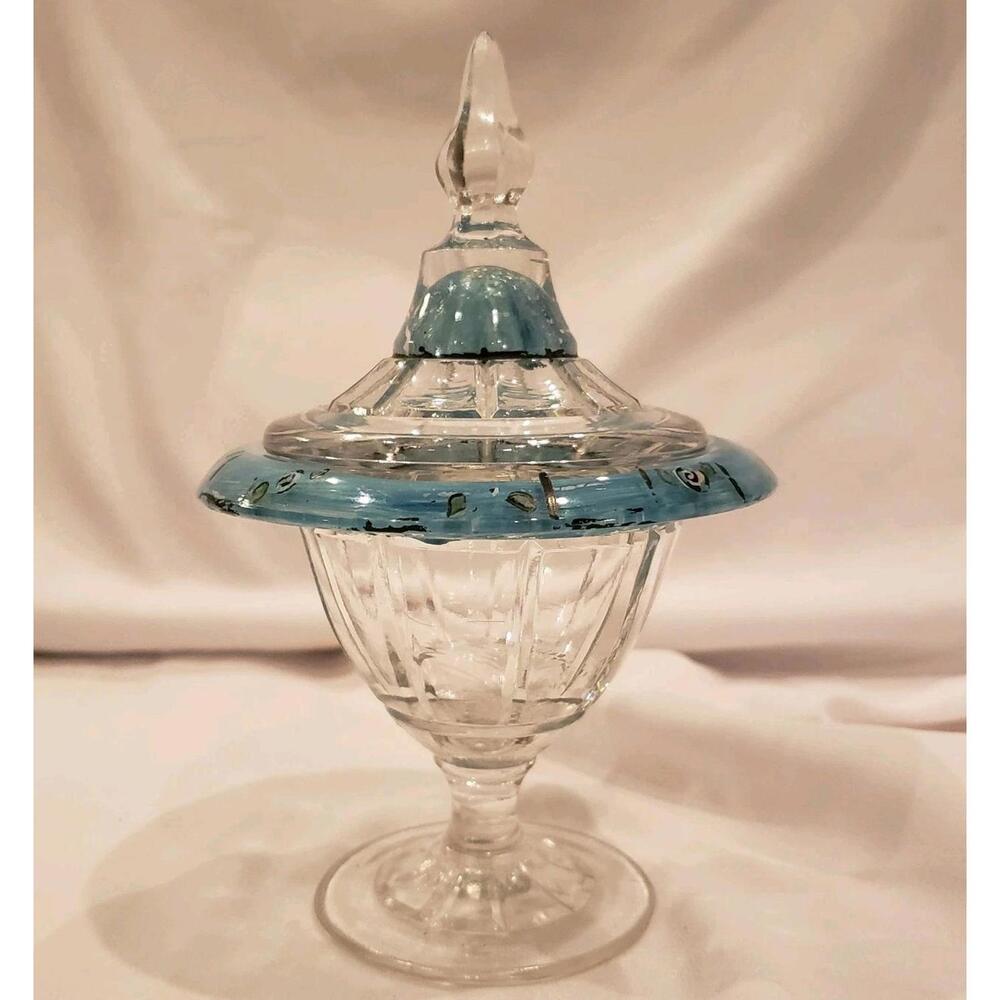 Glass Compote Candy Dish with Lid Blue Color Was Hand Painted 7"